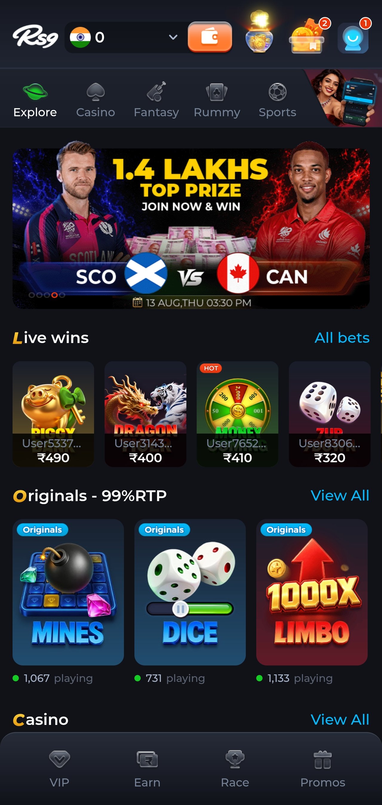 rs9 game app home screen showing live wins, originals and casino lobbies